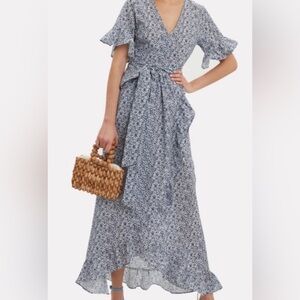 Nightcap Clothing Blue Floral Tulip Ruffle Front Cotton True Wrap Maxi Dress